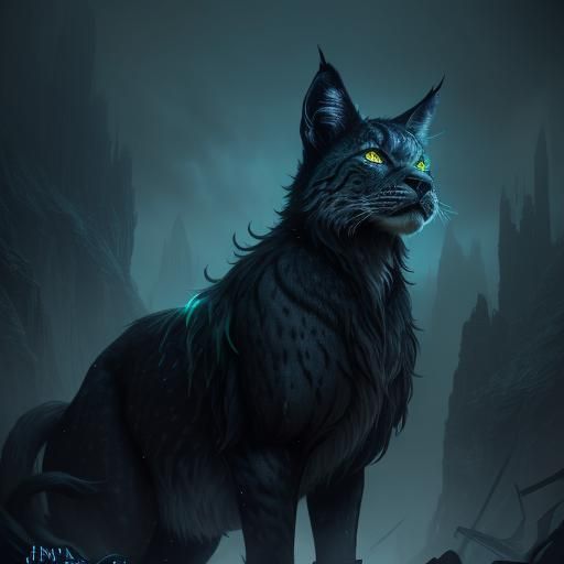 Black Lynx with Glowing Script: Dark Fantasy Art
