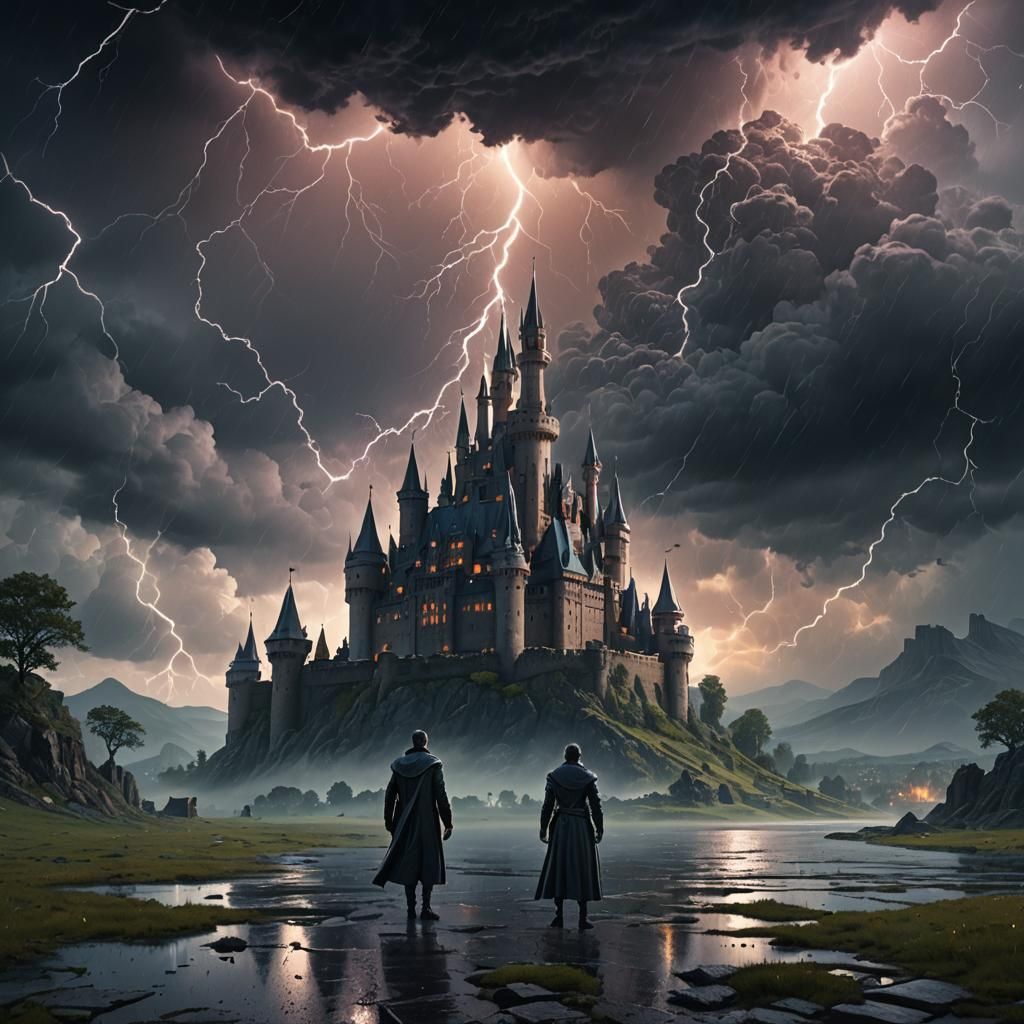 Majestic Castle in Thunderstorm: Modernist Fantasy Art