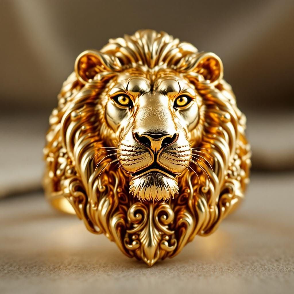 Ornate Gold Lion Ring in High Relief