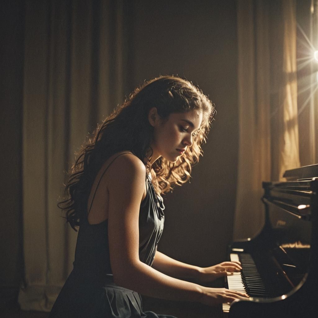 Young Woman Plays Piano in Dark Studio