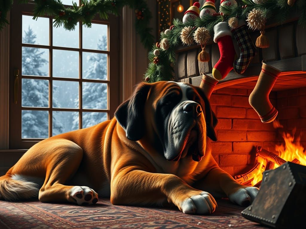 Winter's Tranquil Comfort: A Majestic Saint Bernard by the F...