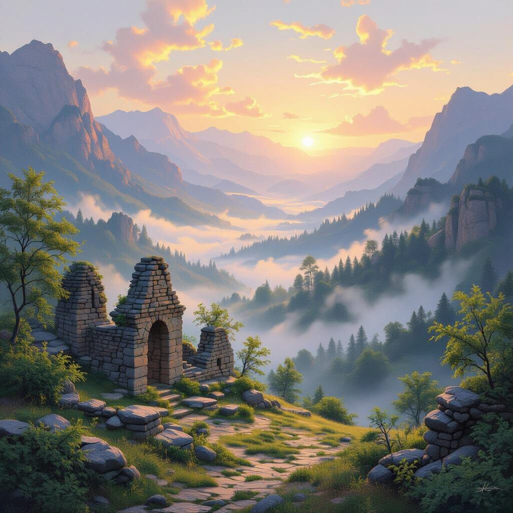 Golden Dawn Over Ancient Mountain Ruins