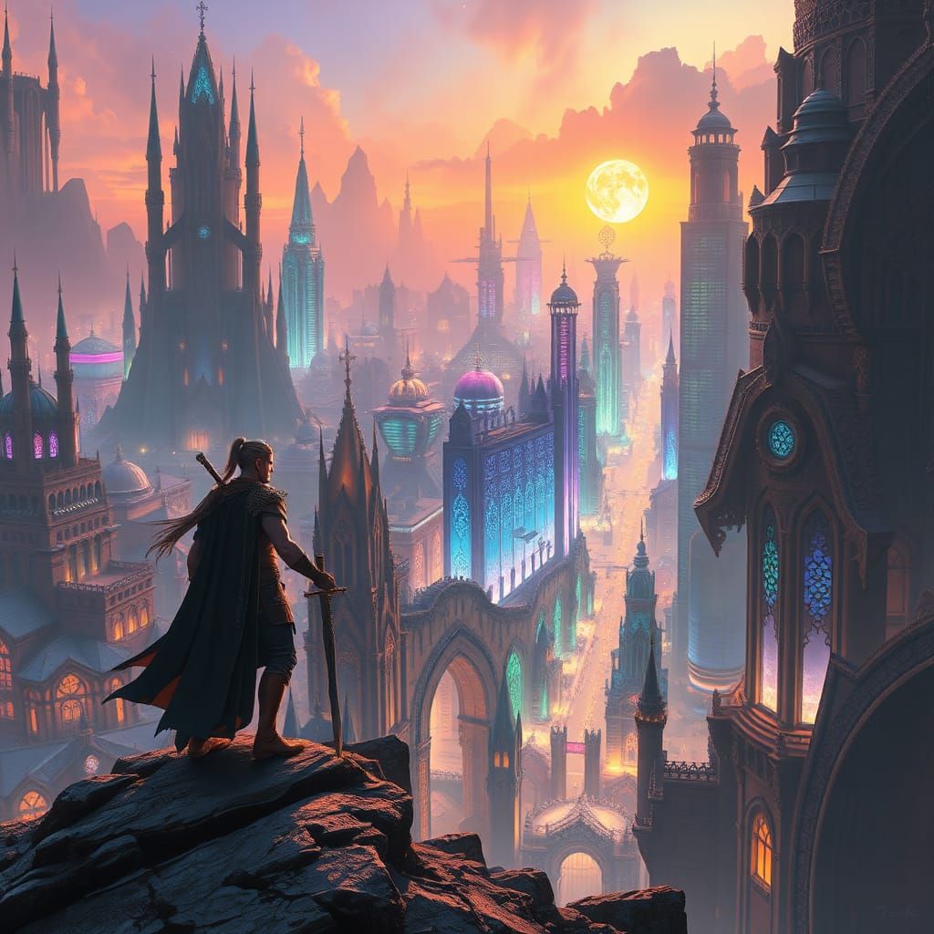 Warrior at the Edge of a Dreamlike Metropolis