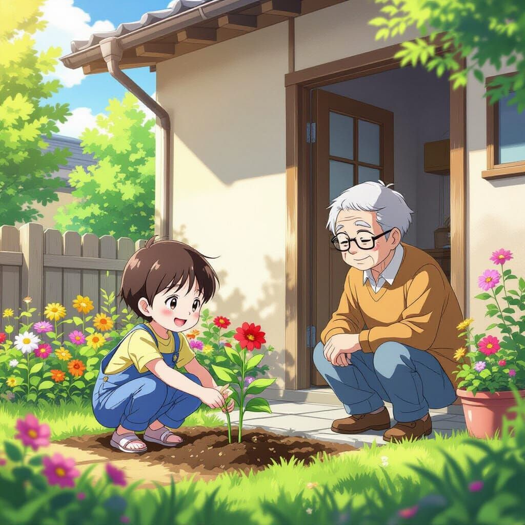 Child Plants Seeds in Vibrant Garden, Anime Style