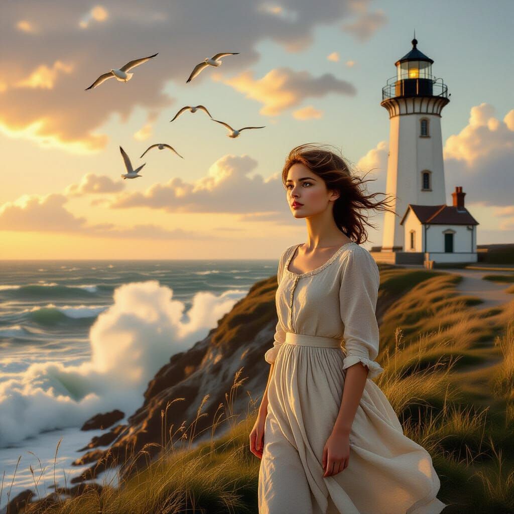 19th Century Woman at Windswept Lighthouse