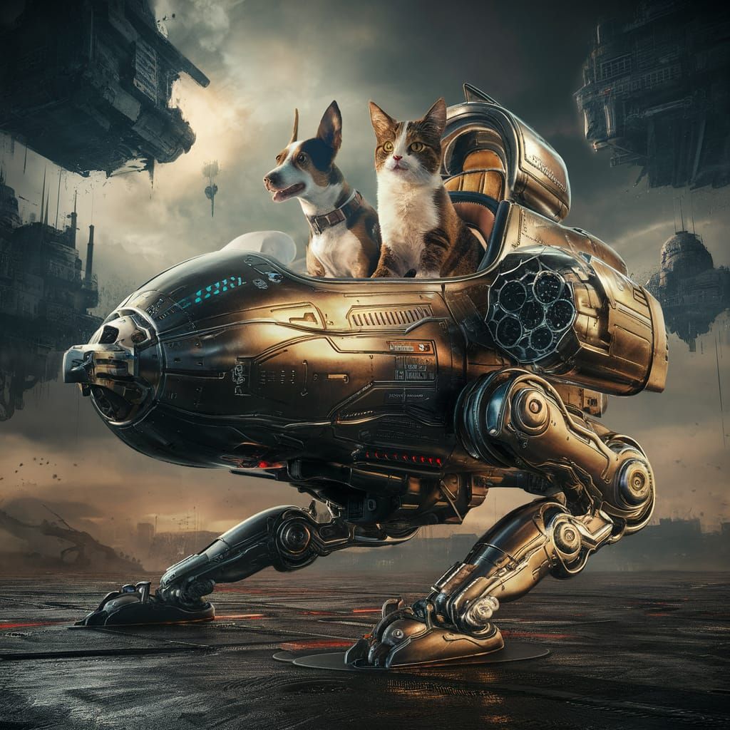 Dog and Cat Pilot Mech in Dystopian Cityscape