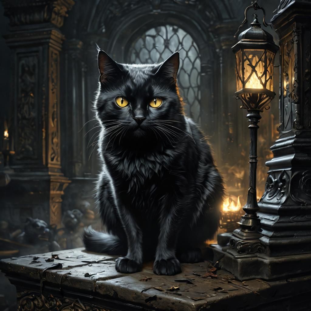 Terrifying Black Cat in Gothic Horror Style