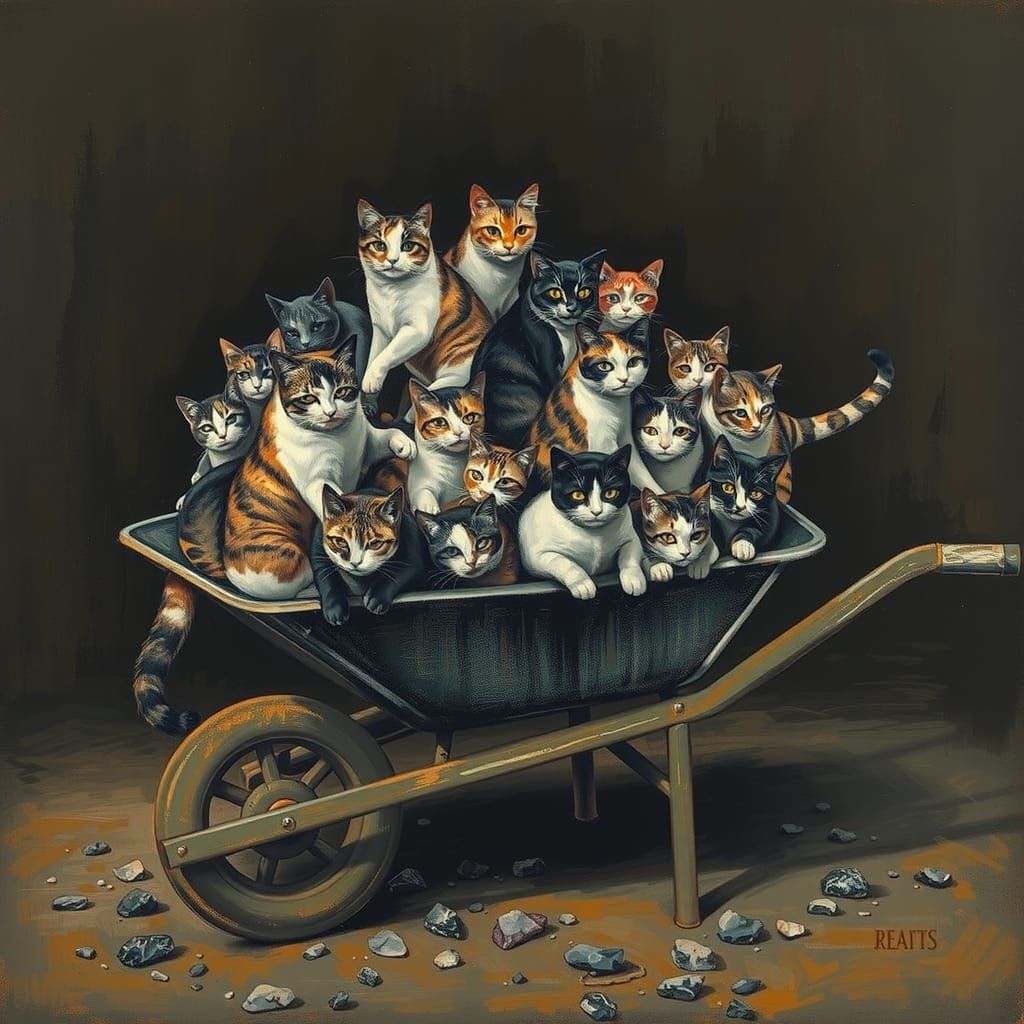 Wheelbarrow Overflowing with Expressive Cats in Post-Impress...