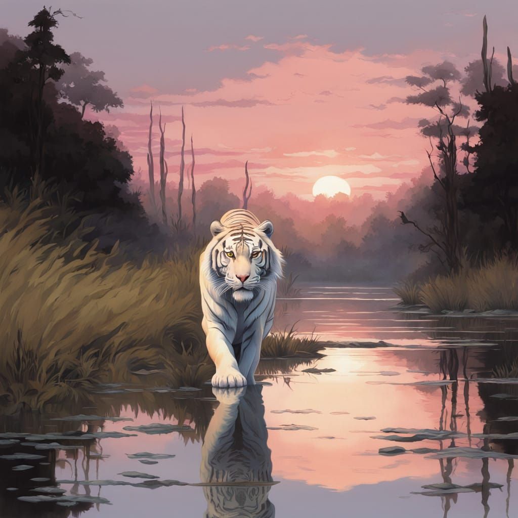 Regal Albino Tiger in Serene Sunset Landscape