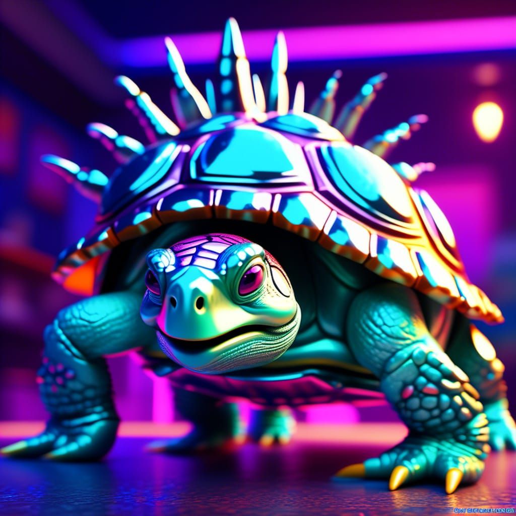 Iridescent Metallic Turtle Monster in Neon Diner