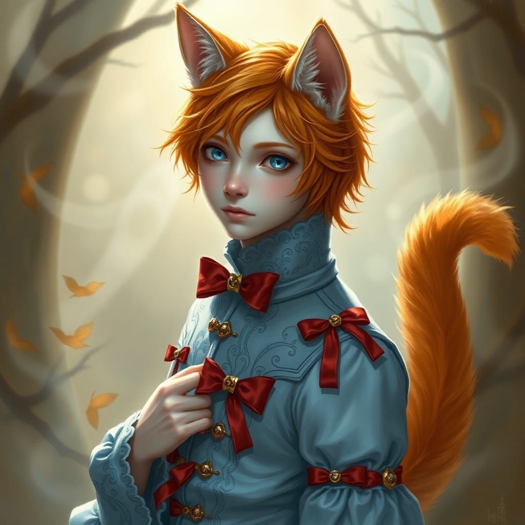 Mystical Cat Boy in Gothic Light Blue Attire