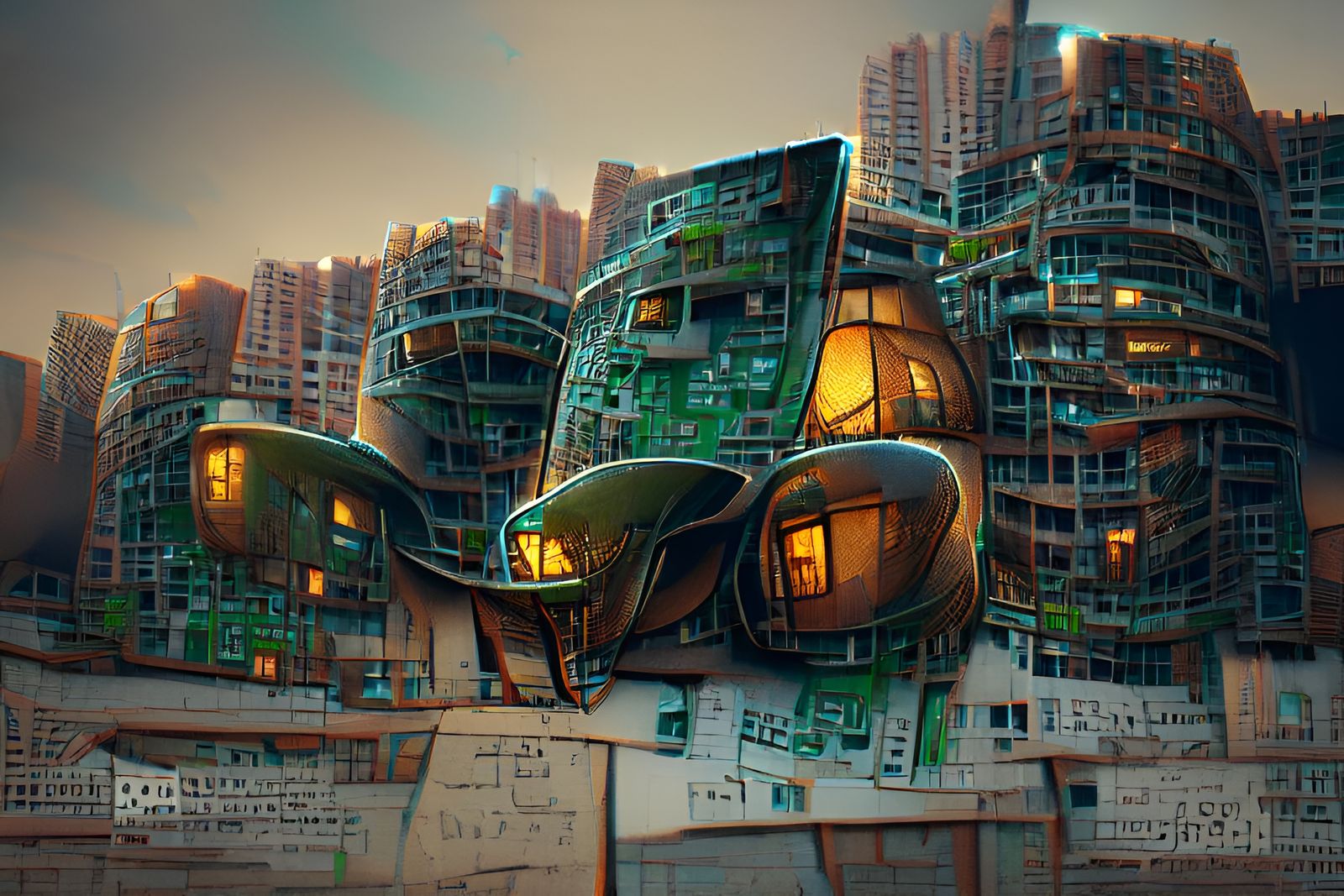 Futuristic Alien Pod Apartment Building in Dieselpunk Style