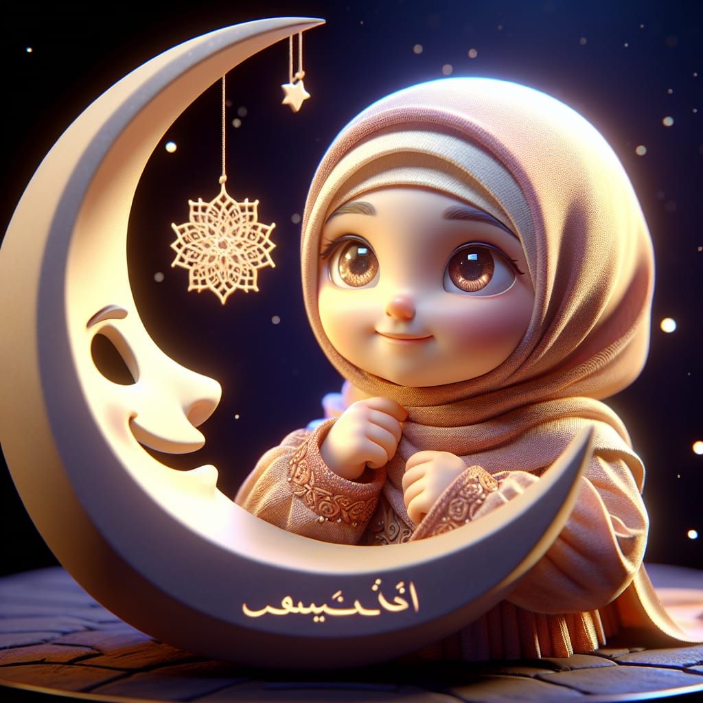 Disney Pixar style 3D  little girl with hijab. A crescent moon, smiling, holding a sign saying Ramadan Kareem