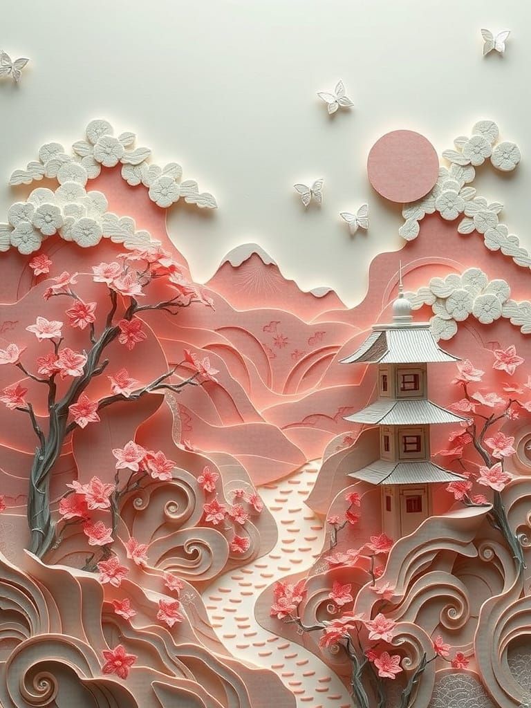 Japanese Fairy Tale Landscape in Papercraft Style