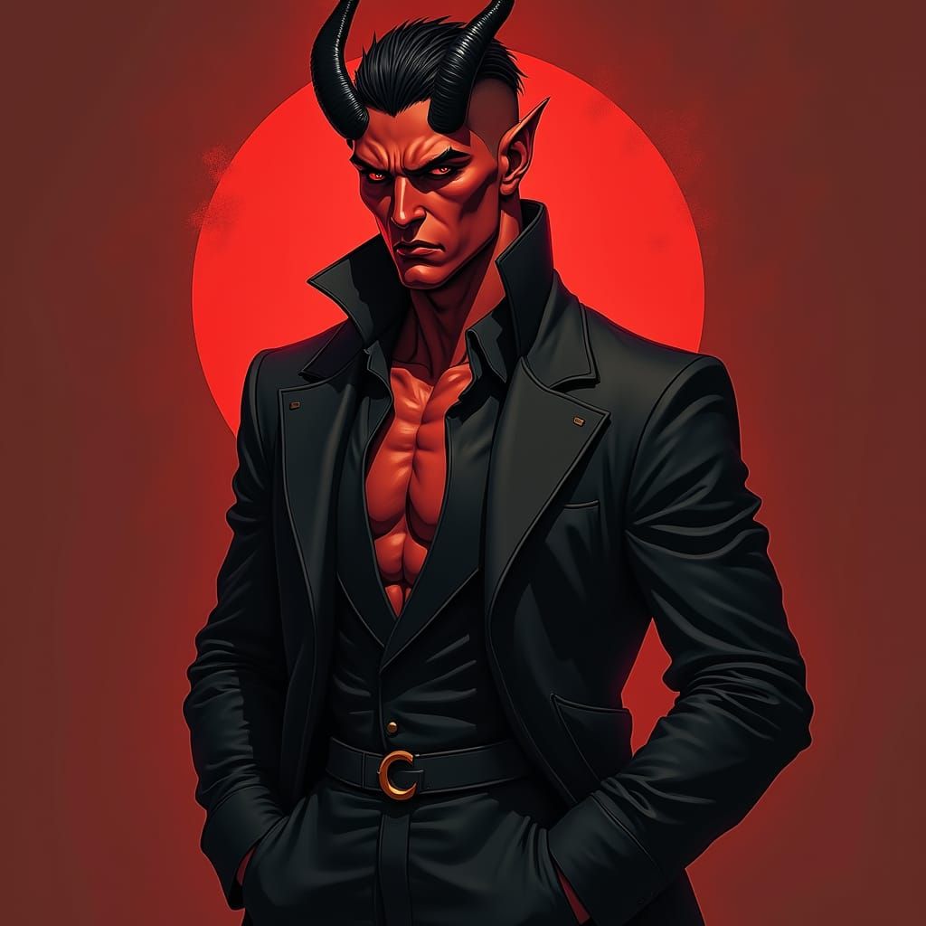 Striking Tiefling Portrait with Crimson Skin and Black Eyes