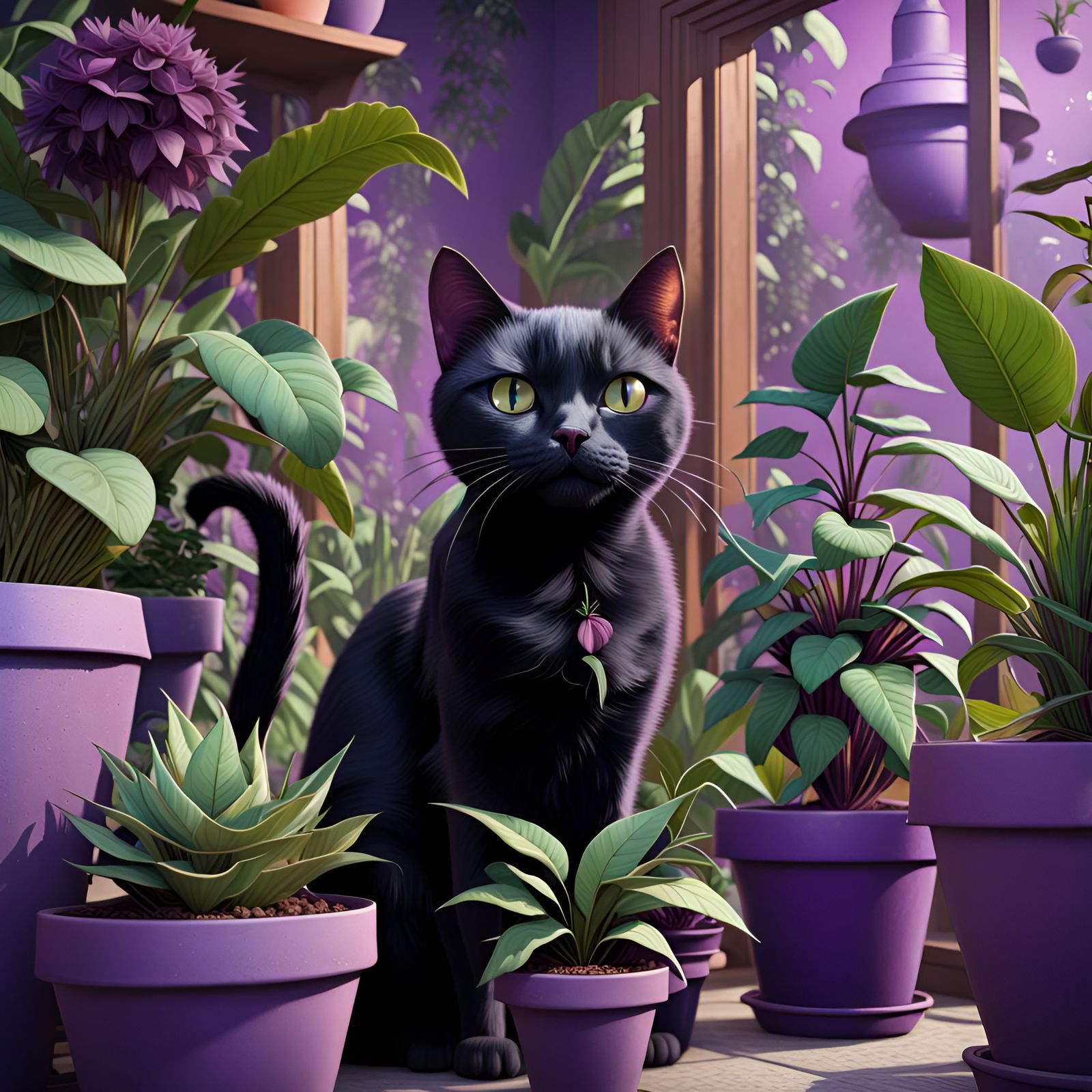 Mid-Century Atomic Black Cat with Plants