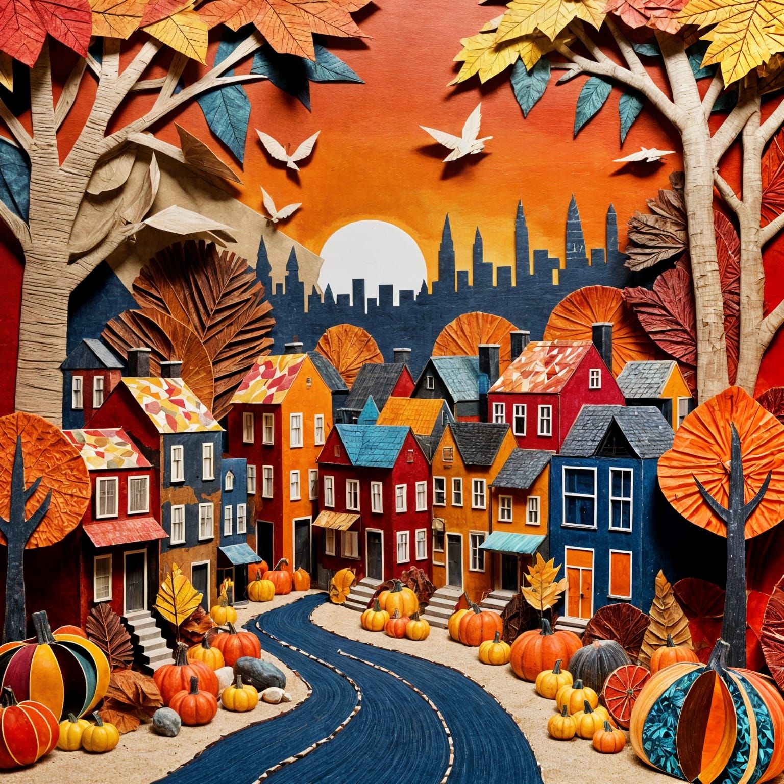 Vibrant Autumn Cityscape Mixed Media Collage