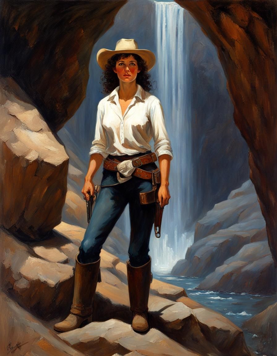 Cowgirl in Dark Cave with Revolvers, Oil Painting