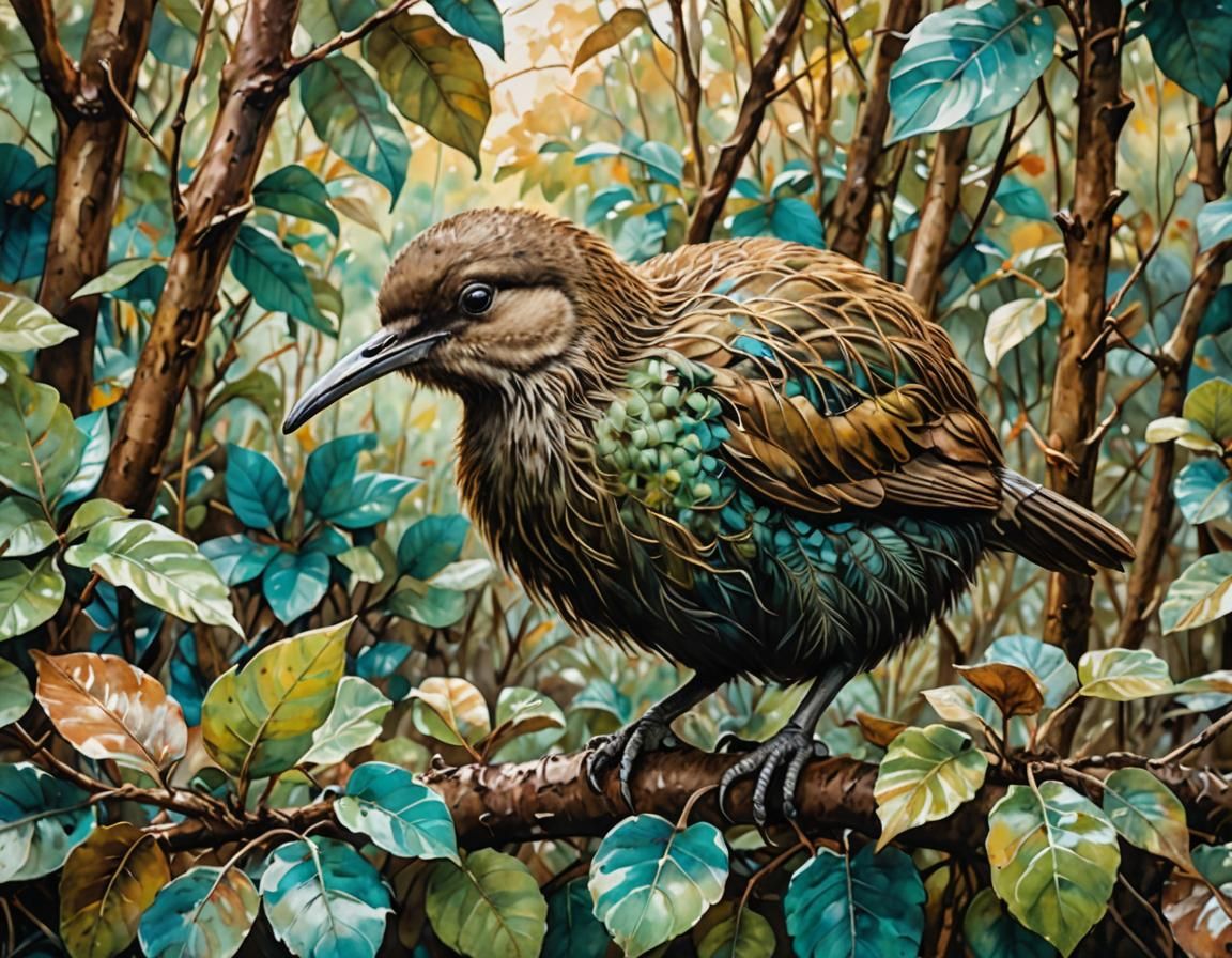 Kiwi Bird Foraging: Encaustic Watercolour Illustration