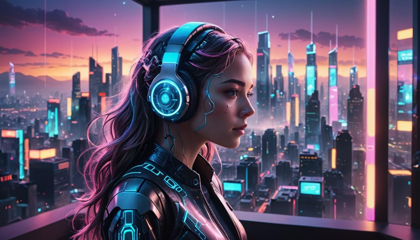 AI Music Composer in a Neon Cityscape