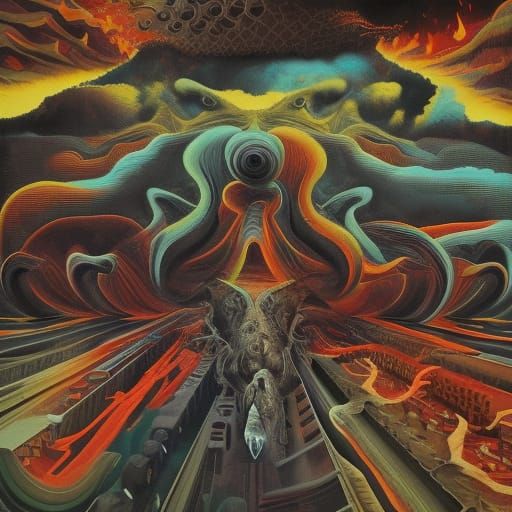 Apocalyptic America Burning in Surrealist Gouache Painting