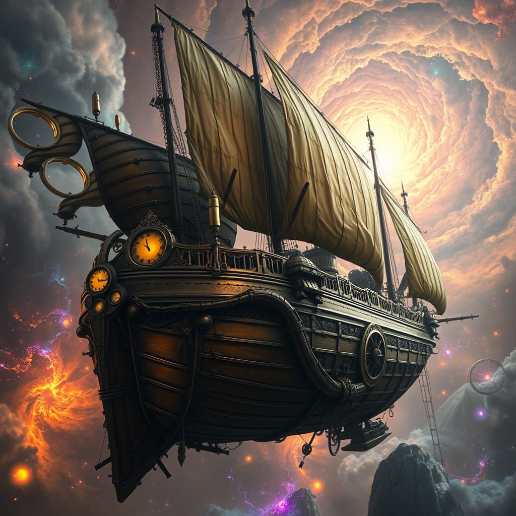 Steampunk Airship Drifting Through Cosmic Nebula