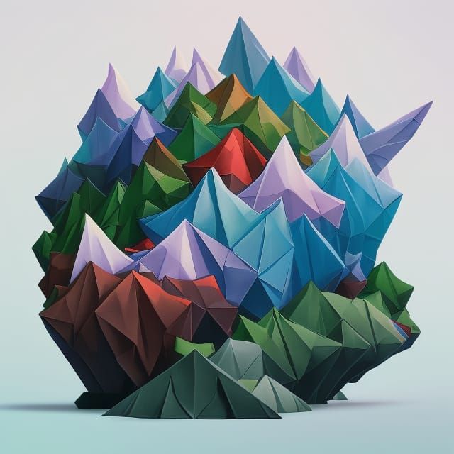 Photorealistic Origami Mountain Landscape: Digital Art