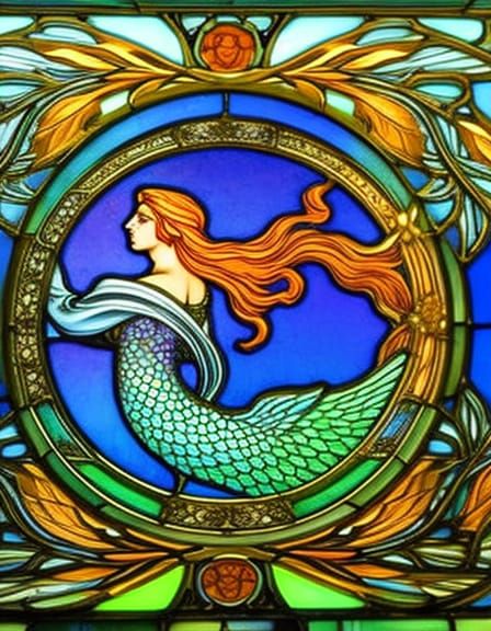 Art Nouveau Mermaid in Stained Glass Style