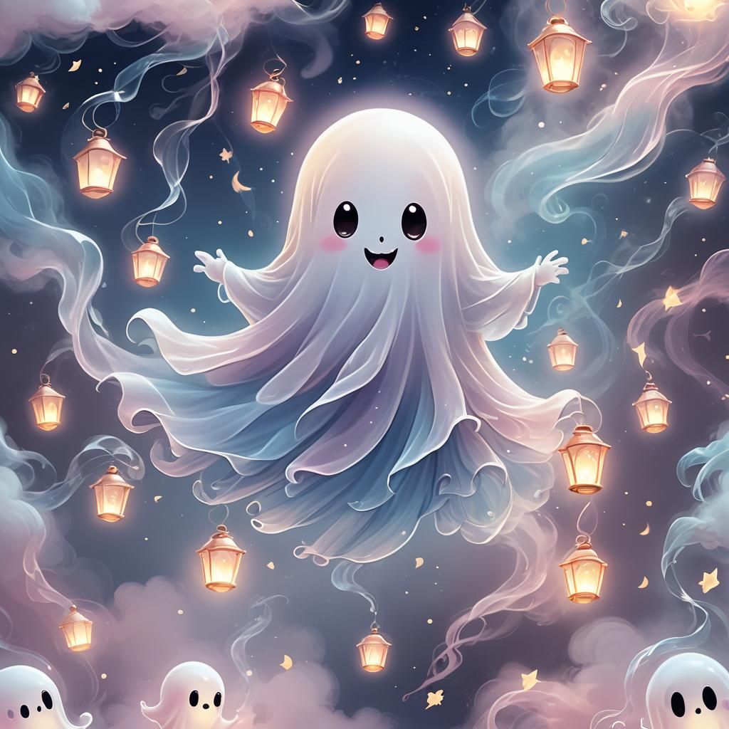 Cute Chibi Ghost in Dreamy Pastel Haze