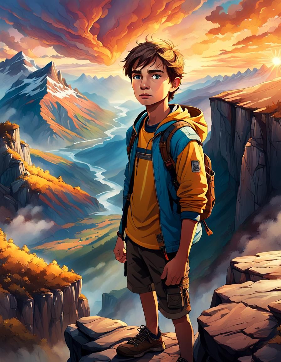 Brave Adventurer at Cliff's Edge: Hyperrealistic Splash Art