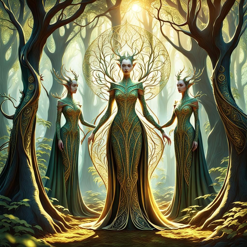 Ethereal elven figures, adorned in flowing robes, gracefully casting spells on  the woods