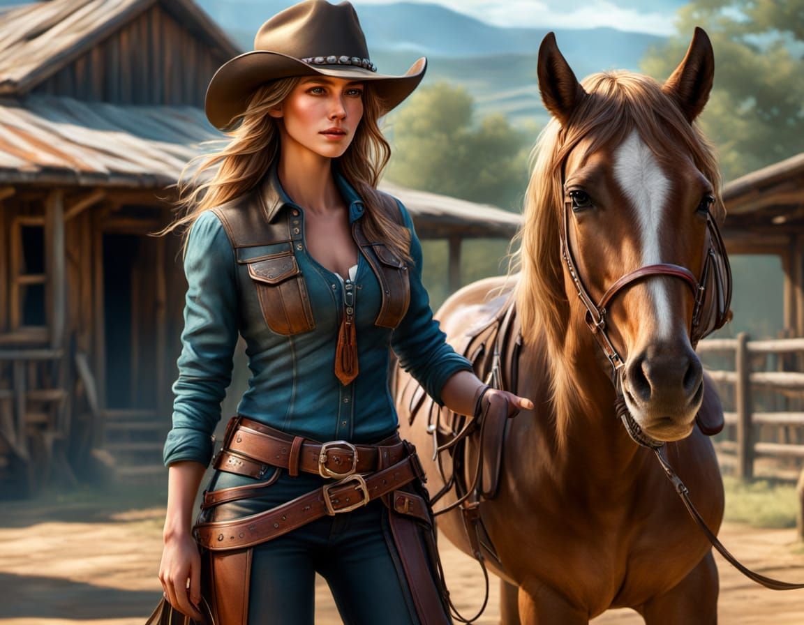 Cowgirl and Horse Outside Ranch House in Warm Sunlight