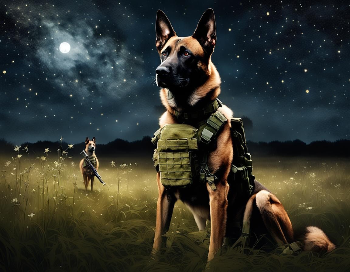 Belgian Malinois and Soldier Under Stars: Photorealistic