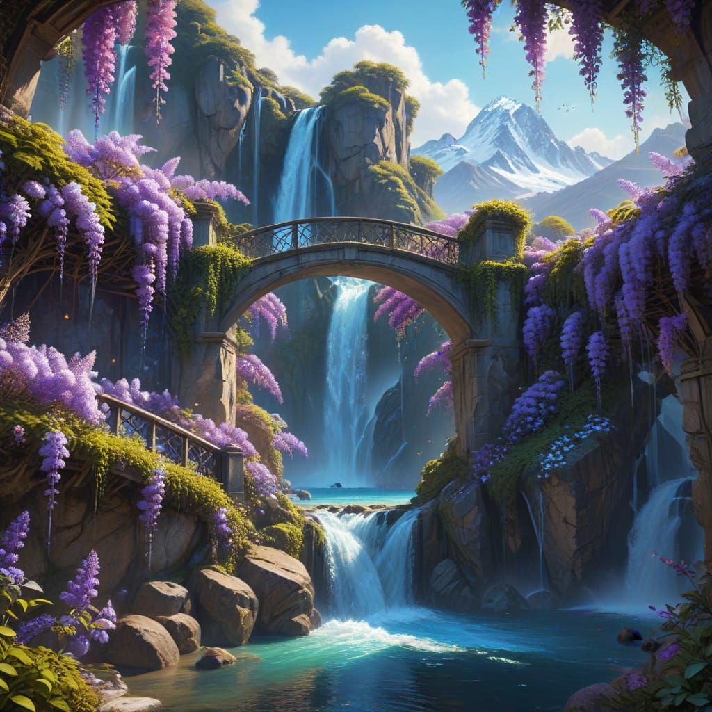 Romantic Waterfall Lake with Wisteria and Snowy Peaks