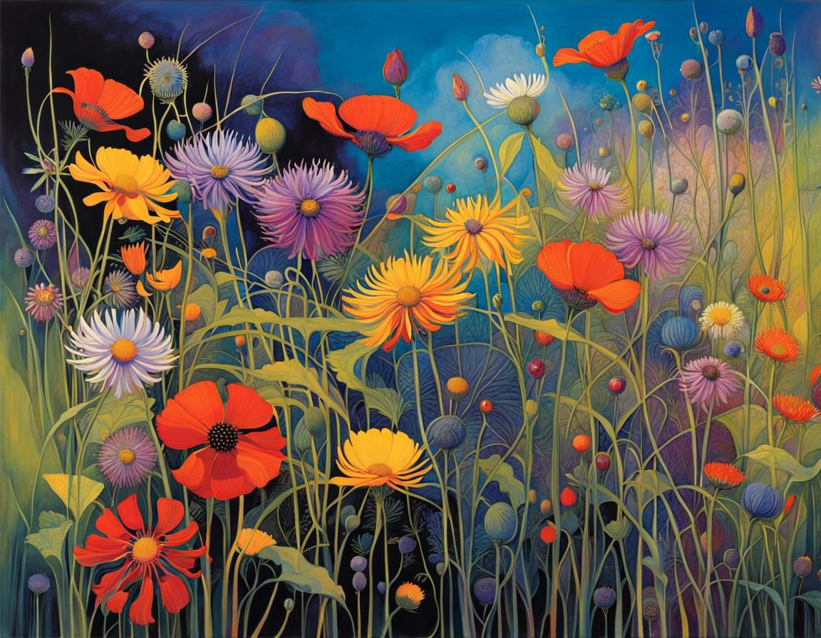 Intricate Wildflowers Art, Detailed Floral Design