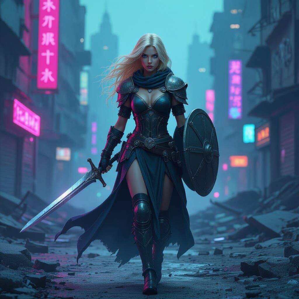 Warrioress in Abandoned Neon Cityscape, Dystopian Art