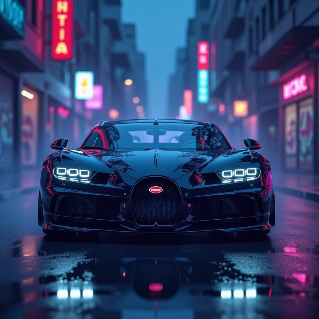 Bugatti Chiron in Dark, Neon-lit Street Art Style