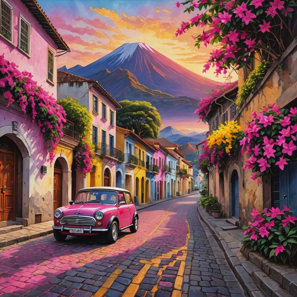 Mini Cooper on Colonial Street, Watercolor Illustration