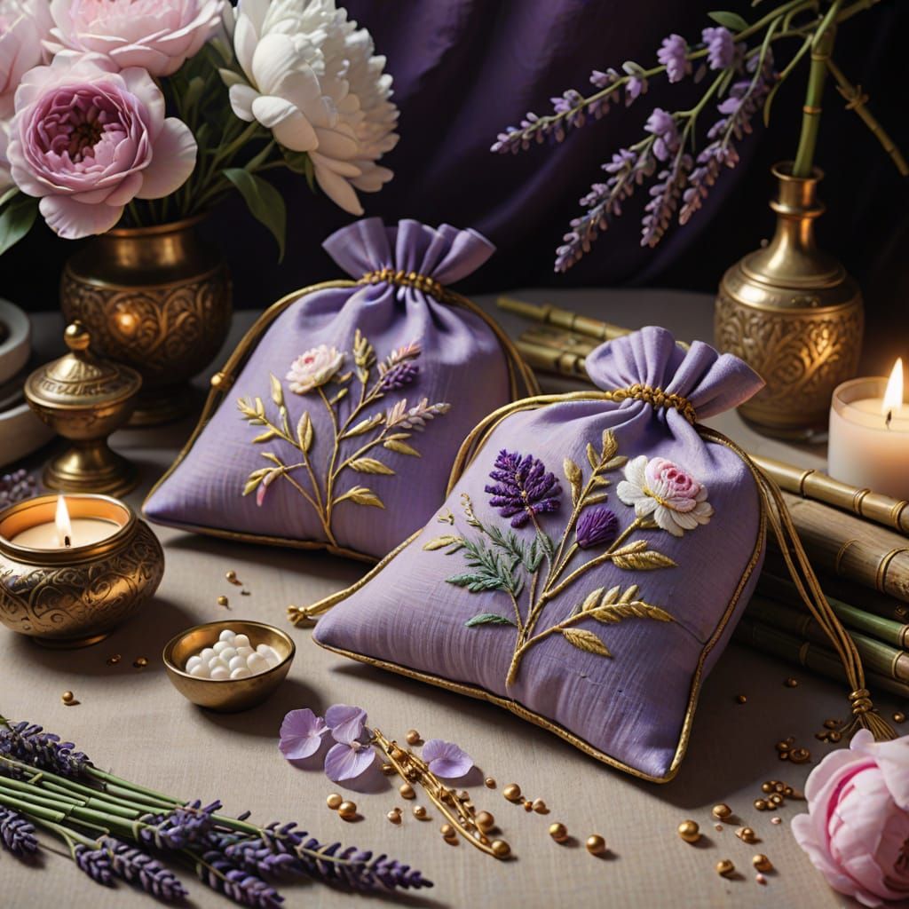 Ethereal Luxury Still Life with Lavender Sachets and Flowers