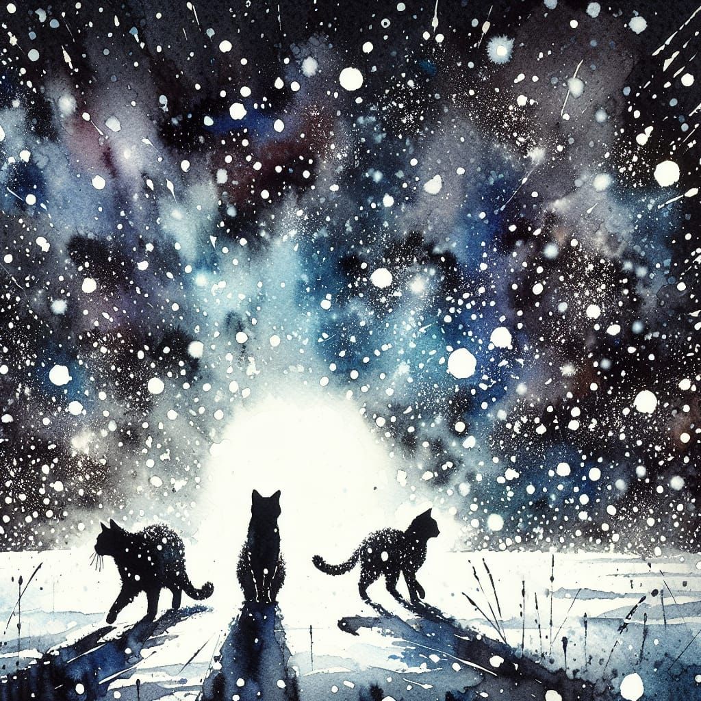Silhouetted Cats in a Snowy Blizzard
