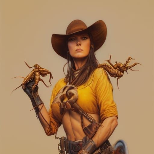 Gorgeous Cowgirl with Scorpion in Desert Landscape