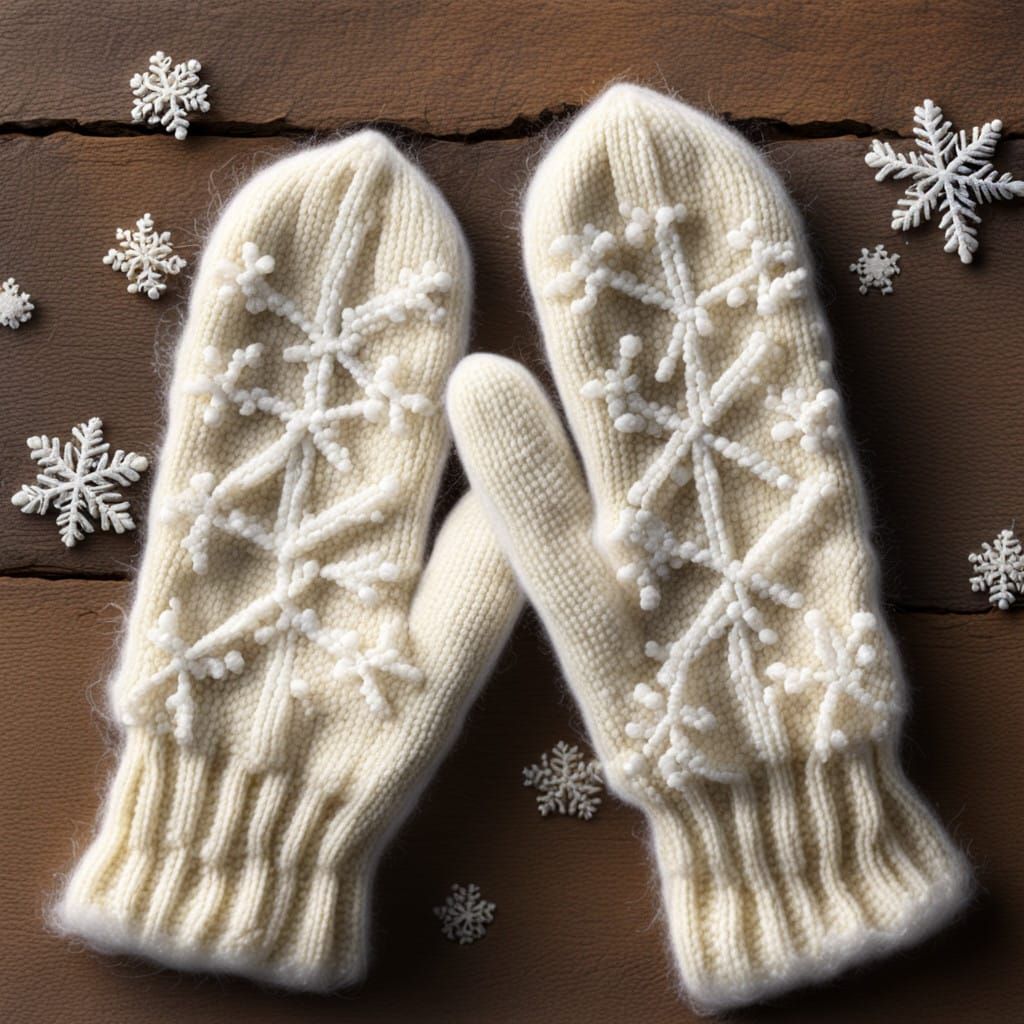 Snowflakes Gently Resting on Vintage Cream Mittens