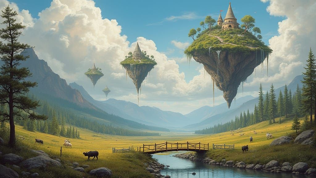 Whimsical Fantasy Realm with Magical Creatures and Floating ...