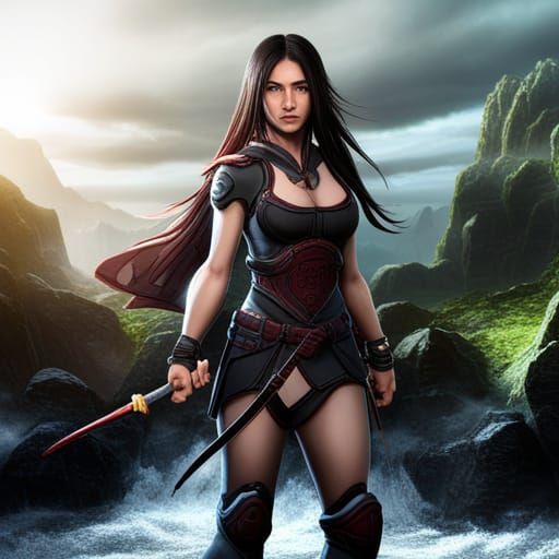 Fantasy Warrior with Katana before Waterfall