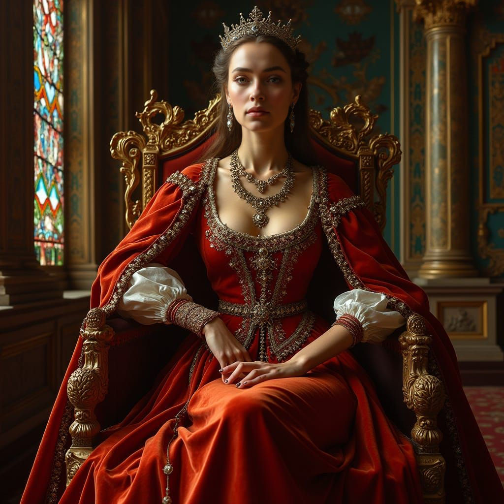 Renaissance Portrait of a Regal Queen on Throne