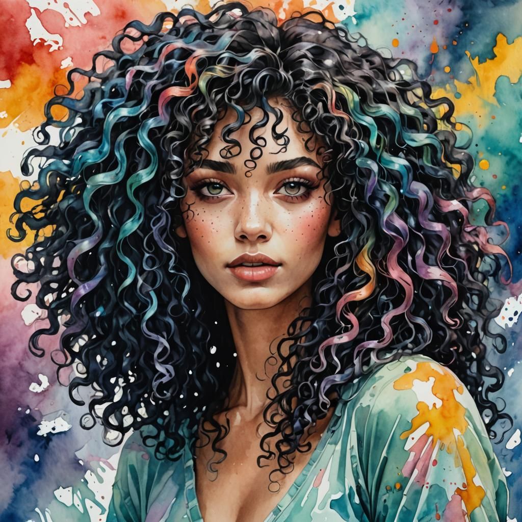 Psychedelic Watercolor Portrait of a Beautiful Girl