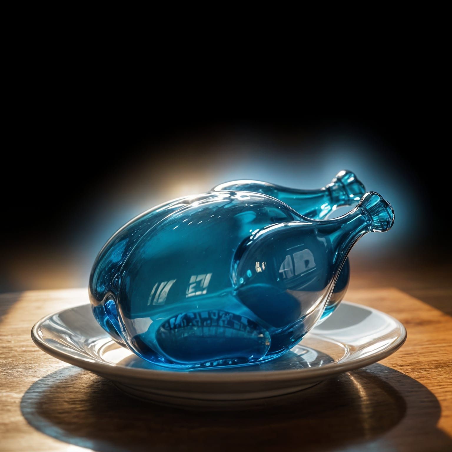 Blue Glass Chicken Sculpture: Cinematic Still Life