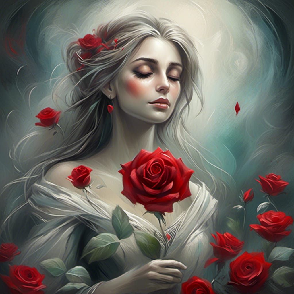 Woman with Rose at Graveside in Airbrush Art