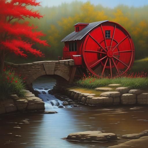 Water Wheel in Red, Oil Painting Style