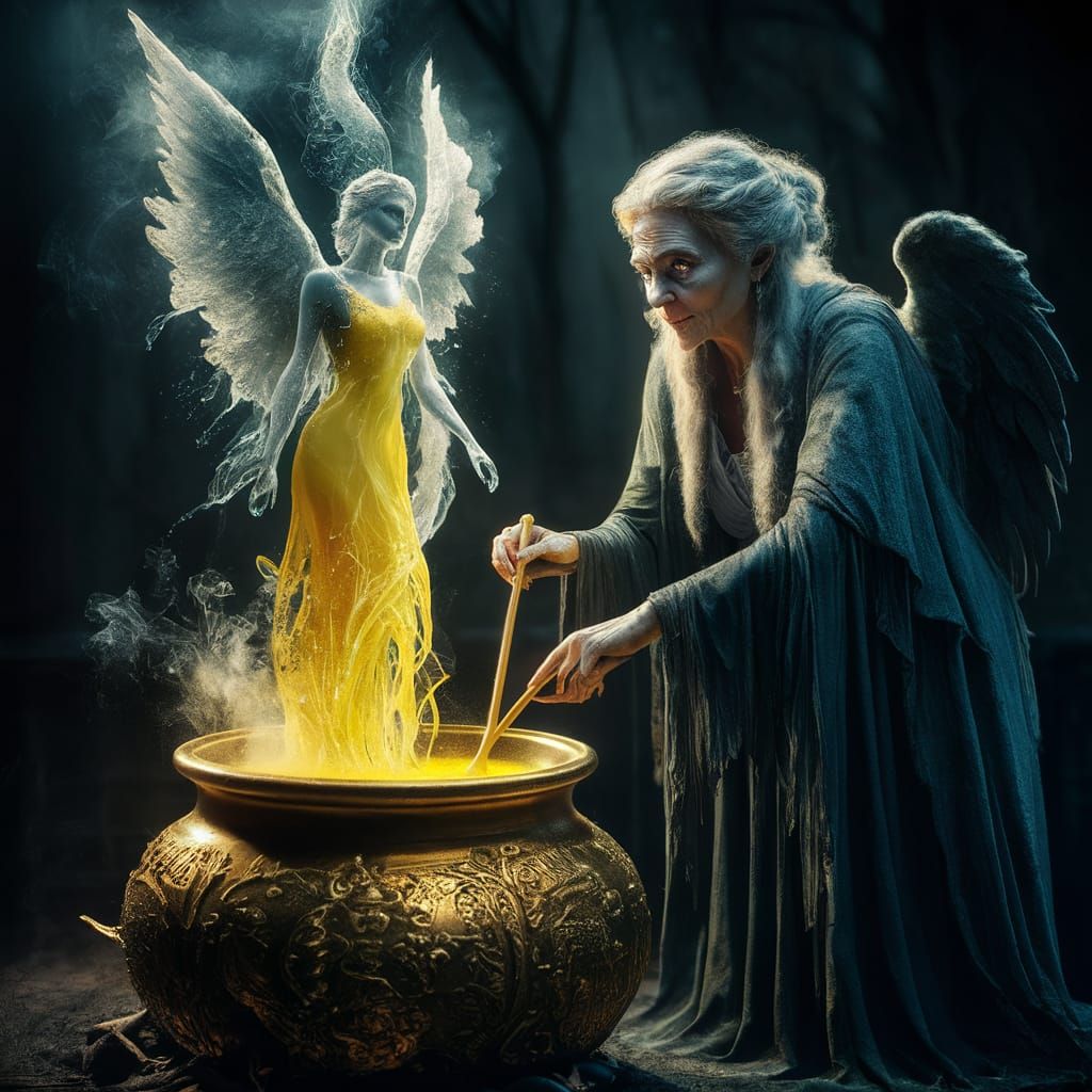 A realistic image of an ancient hag witch stirring a guilded cauldron of yellow liquid  with the liquid rising from the ...
